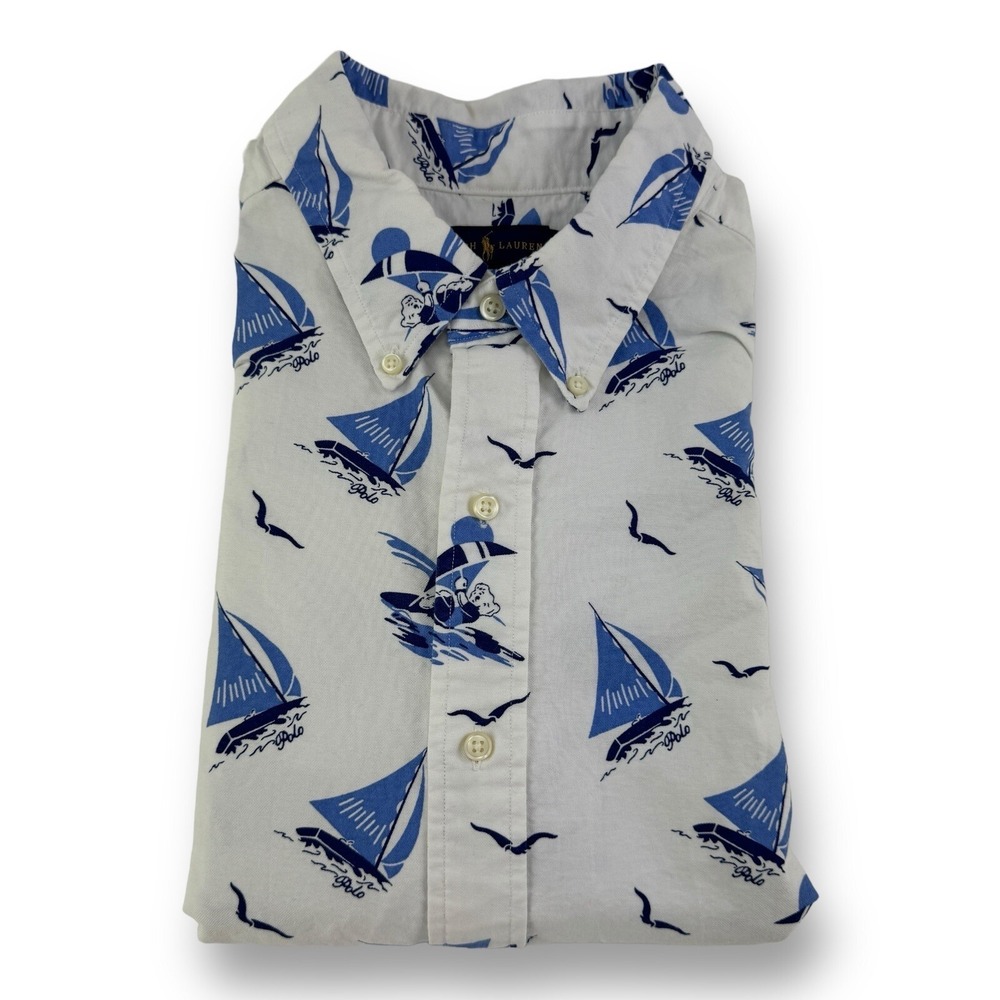 Polo‎ Ralph Lauren White w/ Blue Hawaiian Sailboat S/S Button Down Size 2XLT